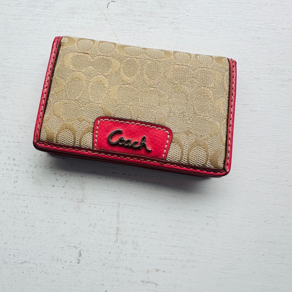 Coach Signature Jacquard Card Case Wallet Red Leather Trim Khaki Snap Closure
